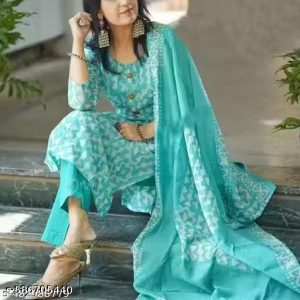 Beautiful Firozi Rayon Jaipuri Printed Straight Kurti With Pant And Dupatta