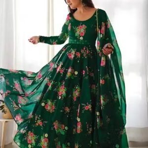Flower Print Long Kurti With Dupatta (No Bottomwear)